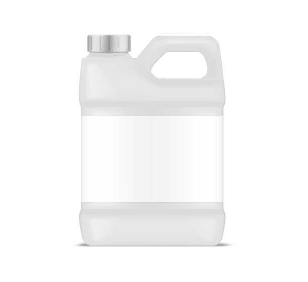 White plastic canister with blank label, vector mockup. Jug container with handle and screw cap, mockup. Large bottle package, template for design White plastic canister with blank label, vector mockup. Jug container with handle and screw cap, mockup. Large bottle package, template for design. jug stock illustrations