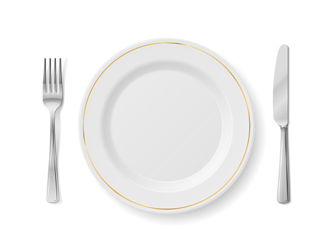 White plate with fork and knife, top view