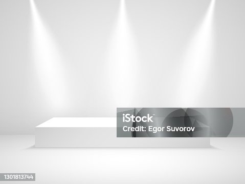 istock White podium mockup. Studio room with light. Award stage with spotlight. Clean pedestal blank. 3d platform for ceremony. Rectangle scene with light effect. Vector illustration 1301813744