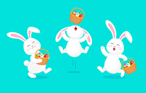 bildbanksillustrationer, clip art samt tecknat material och ikoner med vit kanin hålla påskägg korg. - bunny jumping