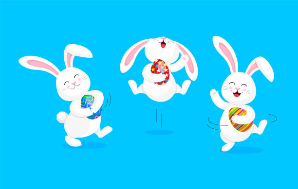 bildbanksillustrationer, clip art samt tecknat material och ikoner med vit kanin holding påskägg, hoppa och dansa. - bunny jumping