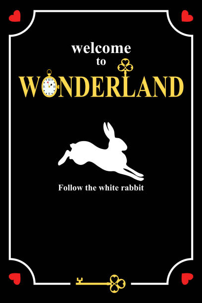 ilustrações de stock, clip art, desenhos animados e ícones de white rabbit runs on black background. lettering   welcome to wonderland, follow the white rabbit. - alice in wonderland