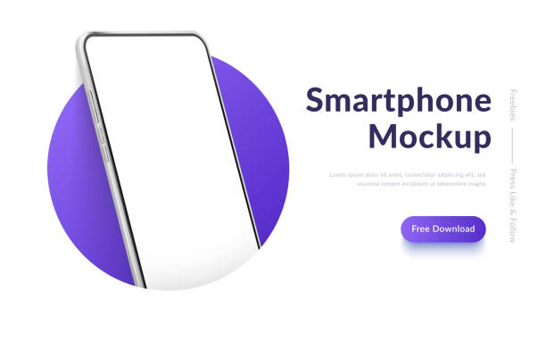 원에 흰색 사실적인 스마트 폰 모형. 빈 흰색 화면3d 휴대 전화. 그라데이션 배경에 현대 휴대 전화 템플릿입니다. 장치 3d 화면의 그림 - 휴대전화 stock illustrations
