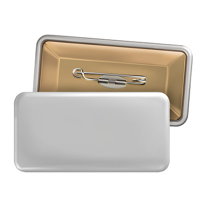 White rectangular badge pin brooch. Realistic illustration isolated on white background