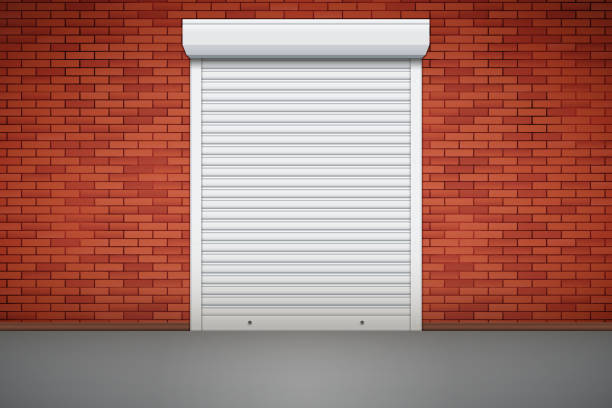 White Roller Shutters on Door Closed Roller Shutters Door on red brick wall. Protect System Equipment. White color. Vector Illustration isolated on background. garage borders stock illustrations
