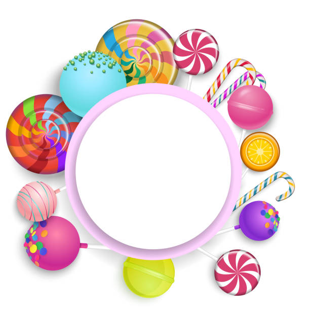 White round background with colorful lollipops. White round background with bright colorful 3d lollipops. Vector paper illustration. candy borders stock illustrations