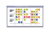 White scrum board full of tasks on sticky note cards. Iterative agile software development framework for managing product development. Flat style vector illustration isolated on white background.