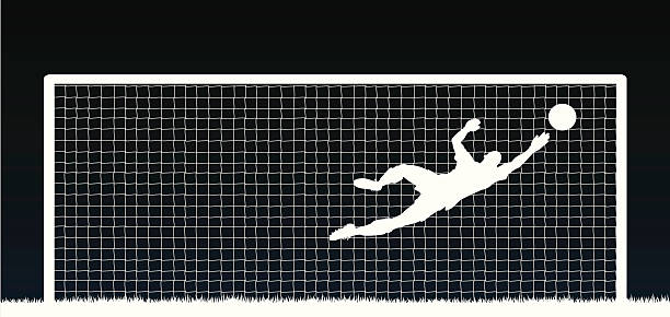White silhouette of a soccer player with ball and net Editable vector illustration of a soccer goalkeeper making a save. Hi-res jpeg file included. soccer silhouettes stock illustrations