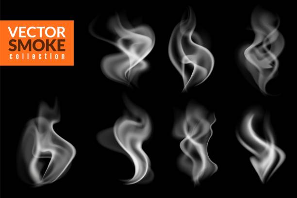 White smoky wisps. Realistic evaporation and burning traces collection, hot food steam, cigarette or hookah vapor, smoking texture isolated on black background, fog and mist vector set White smoky wisps. Realistic evaporation and burning traces collection, hot food or tea coffee steam, cigarette or hookah vapor, smoking texture isolated on black background, fog and mist vector set wispy stock illustrations