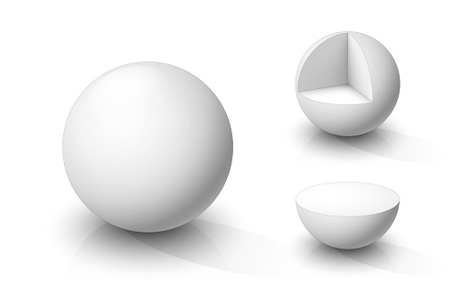 White sphere, cutaway sphere and hemisphere