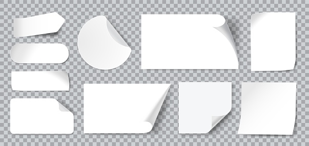 White stickers. Blank adhesive sticker with folded or curled corners. Realistic paper sticky notes in various shapes vector mockup