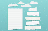 White torn note, notebook paper pieces for text, clouds with stars stuck on blue background. Vector illustration