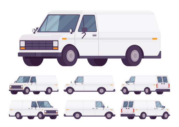 White van set White van set. Road vehicle for transporting goods, medium-sized motor delivery truck for commercial service and business needs. Vector flat style cartoon illustration isolated on white background mini van stock illustrations