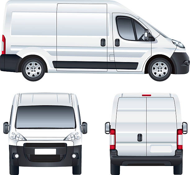 White vector delivery van Vector service car template. White blank commercial vehicle - delivery van. (simple gradients only, no gradient mesh) mini van stock illustrations