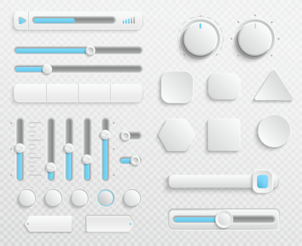 White web buttons and ui sliders vector set isolated on transparent background White web buttons and ui sliders vector set isolated on transparent background. Interface for web navigation and ui for video and music control illustration knob stock illustrations