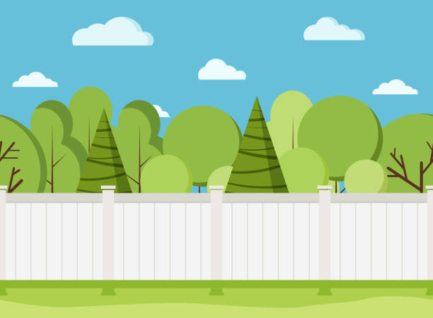 ilustrações, clipart, desenhos animados e ícones de cerca de madeira branca com árvores. cerca branca rural moderna com grama verde. - cerca