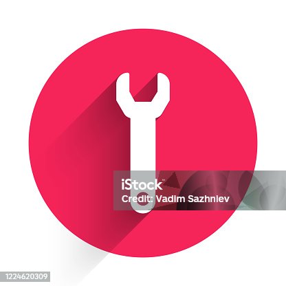 istock White Wrench spanner icon isolated with long shadow. Red circle button. Vector Illustration 1224620309