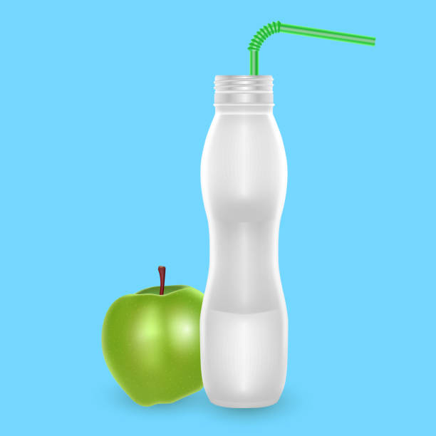 bildbanksillustrationer, clip art samt tecknat material och ikoner med 3d vit yoghurt plast flaska, realistisk flaska med äpple dricka yoghurt - ice bath