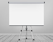 Whiteboard for markers on tripod and wooden floor. Empty Projection screen, Presentation board, blank white board for conference. Office board background frame. Vector