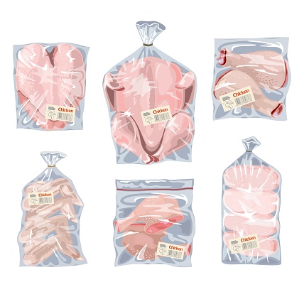 Big vector set with different types of transparent food packing. Whole chicken and its parts breasts, leg quaters, wings, drumsticks in polyethylene bags, vacuum packaging, plastic wrap, clingfilm. vector