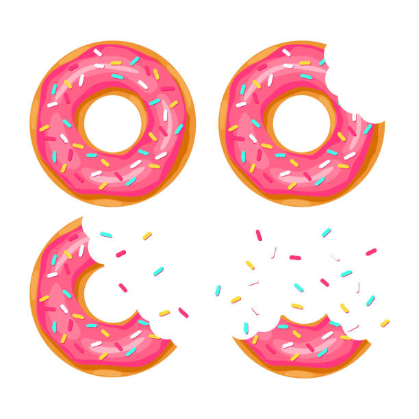 whole donut and half-eaten donut with pink glaze. vector illustration whole donut and half-eaten donut with pink glaze. vector illustration eaten stock illustrations