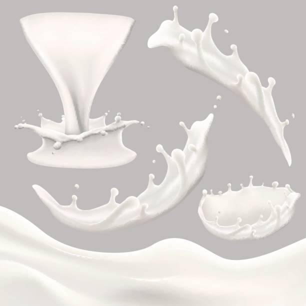 whole milk big set, pouring and splashing milk, glass, carton, jug, bottle 3d vector realistic illustration, diary product design elements cream dairy product stock illustrations