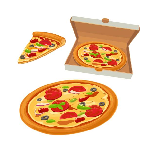 ilustrações de stock, clip art, desenhos animados e ícones de whole pizza mexican in open white box and slice. isolated vector flat illustration for poster, menus, logotype, brochure, web and icon. - pizza