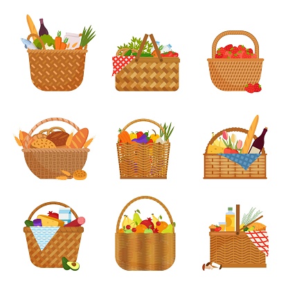 Wicker baskets with groceries set. Straw containers filled with fruits and vegetables purchases from store rye freshly baked bread bottle of wine ethnic tracery and everything for picnic. Vector art.