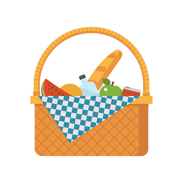 Wicker Picnic Basket Wicker picnic basket vector illustration. Opened food hamper bag vector illustration. picnic stock illustrations
