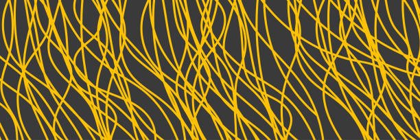 Wide abstract background with geometic doodle pasta Wide abstract background with pasta, makaroni or spaghetti. Horizontal banner with hand drawn yellow line, doodle pasta. Vector illustration pasta borders stock illustrations
