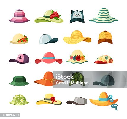 istock Wide brimmed hats and caps set. Stylish baseball with long visor bright red headdress blue ribbon green elegance accessory with bouquet of lush flowers striped yellow straw. Vector fashion. 1311043763