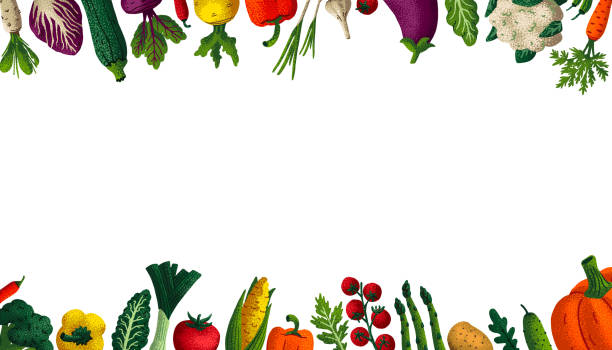 Wide horizontal Healthy eating background. Copy space. Variety of decorative vegetables with grain texture on white background. Farmers market, Organic food poster, cover or banner design. Vector. Wide horizontal Healthy eating background. Copy space. Variety of decorative vegetables with grain texture on white background. Farmers market, Organic food poster, cover or banner design. Vector supermarket borders stock illustrations