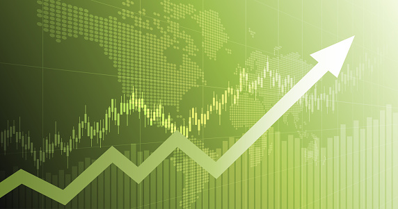 widescreen abstract financial chart with uptrend line arrow graph and world map on green color background