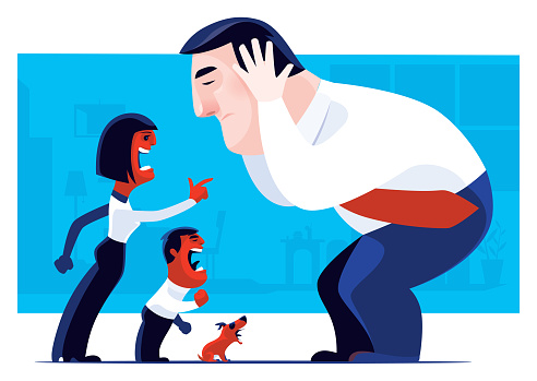 vector illustration of wife and son blaming businessman vector