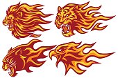 Wild Animals Flaming Flame Heads Icon Set. Lion, Tiger, Jaguar, Panther Eagle - Vector Mascot Logo Design