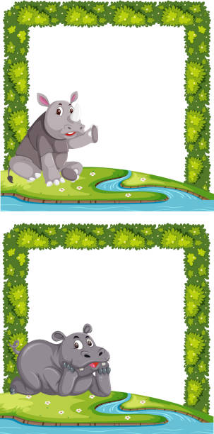 Wild animals on green plant frame illustration