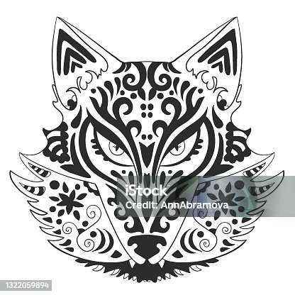 wild-beautiful-fox-head-hand-draw-on-a-white-background-print-color-vector-id1322059894