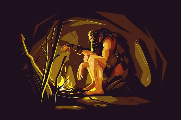 ilustrações de stock, clip art, desenhos animados e ícones de wild caveman sitting near bonfire - fire caveman