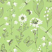 Floral background with insects. Vector illustration on a green background.