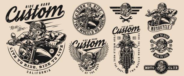 Wild hog bikers vintage emblems Wild hog bikers vintage emblems with crossed spanners and aggressive boar moto racers in helmets and goggles riding motorbikes in monochrome style isolated. vector illustration pig patterns stock illustrations