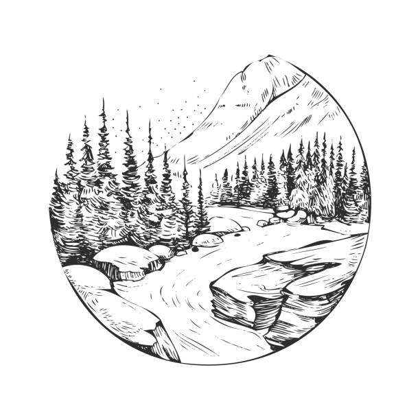 Wild natural landscape with mountains, lake, pines, rocks. Hand drawn illustration converted to vector. Great for travel ads, brochures, labels, flyer decor, apparel, t-shirt print. Wild natural landscape with mountains, lake, pines, rocks. Hand drawn illustration converted to vector. Great for travel ads, brochures, labels, flyer decor, apparel, t-shirt print. mountain drawings stock illustrations