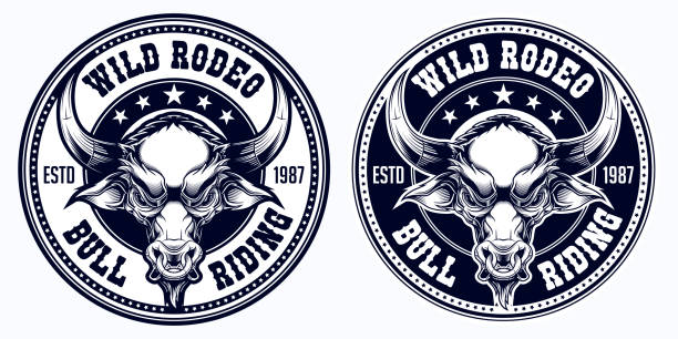 Wild rodeo bull riding label design. Colorful vector illustration in stylish engraving technique of brown bull head with gold ring in his nose. drawing of the bull head tattoo designs stock illustrations