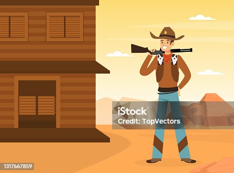 istock Wild West Concept, Cowboy with Rifle Standing at Saloon Building on Desert Landscape Vector Illustration 1317667859