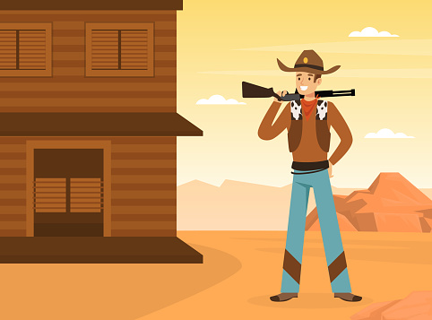 Wild West Concept, Cowboy with Rifle Standing at Saloon Building on Desert Landscape Vector Illustration