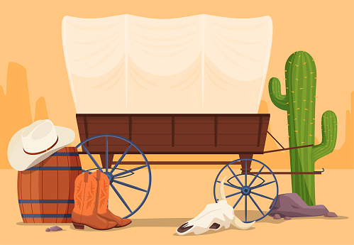 Wild West covered wooden wagon vector flat illustration. Traditional Western transportation