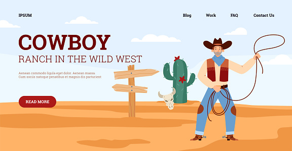 Wild west cowboy ranch web banner with texas cowboy, flat vector illustration.