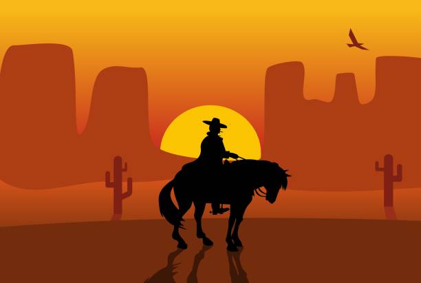 ilustraciones, imágenes clip art, dibujos animados e iconos de stock de pistolero salvaje del oeste en un impermeable montando un caballo. fondo del desierto. - texas shooting