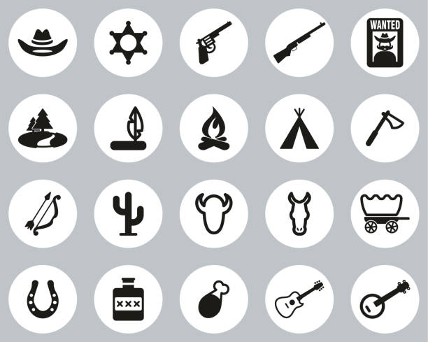 Wild West Icons Black & White Flat Design Circle Set Big This image is a vector illustration and can be scaled to any size without loss of resolution. buffalo shooting stock illustrations