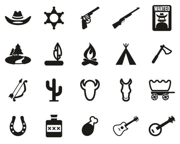 Wild West Icons Black & White Set Big This image is a vector illustration and can be scaled to any size without loss of resolution. buffalo shooting stock illustrations