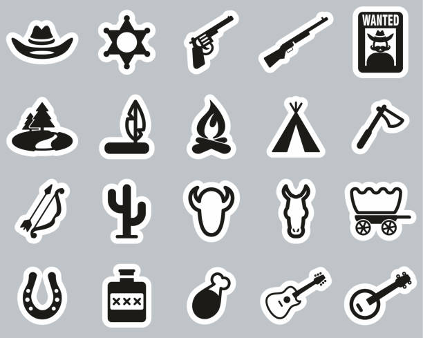 Wild West Icons Black & White Sticker Set Big This image is a vector illustration and can be scaled to any size without loss of resolution. buffalo shooting stock illustrations